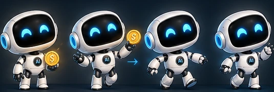 Four early Chatbot character concepts with expressive blue eyes and a gold coin