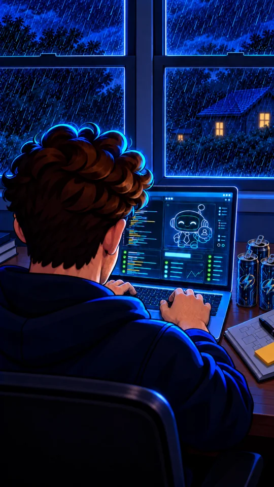 Chapter 1 opening-scene artwork: a developer works at a laptop beside a rain-streaked bedroom window at night