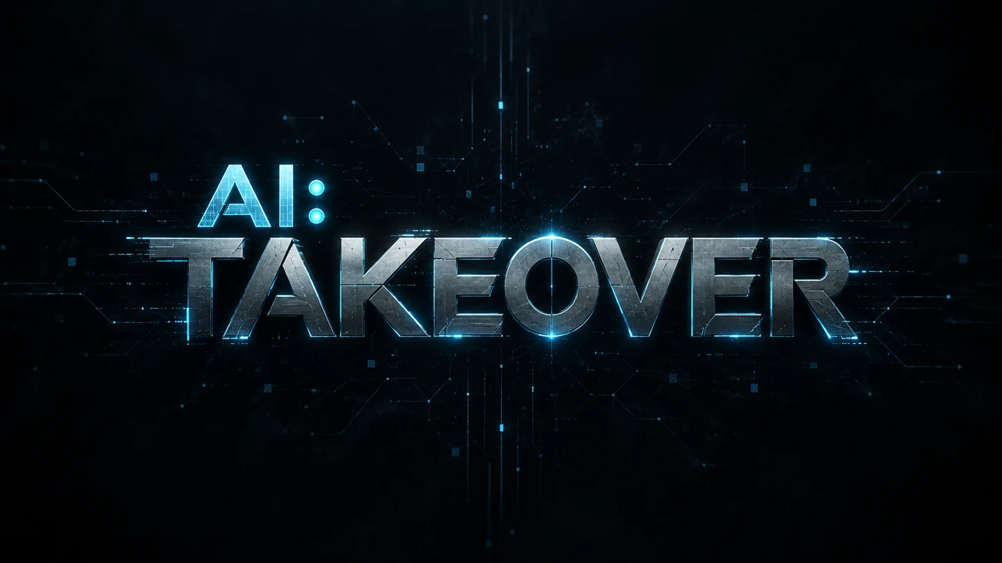 Chapter 1: AI: Takeover title concept, in glowing blue and brushed metal lettering